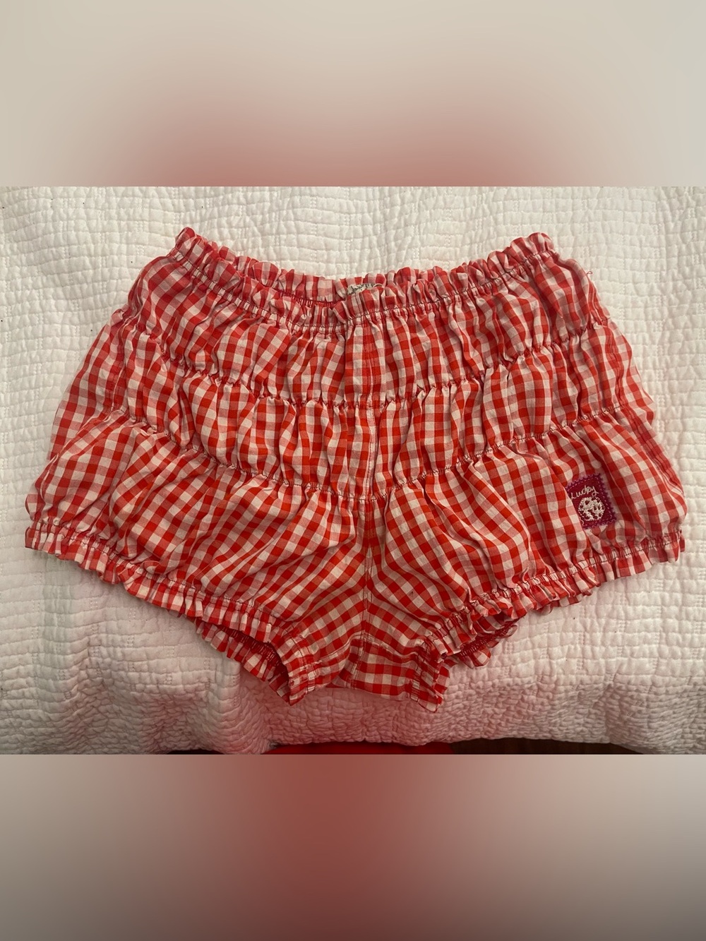 Free People Red and White Gingham Smocked High Waist Shorts
